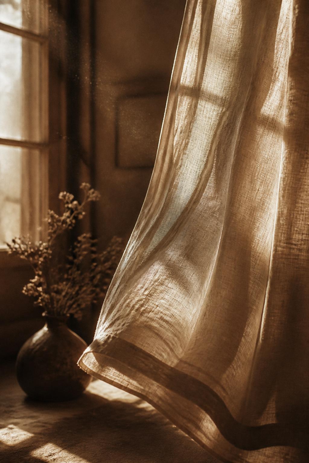 Linen curtain billowing in afternoon light