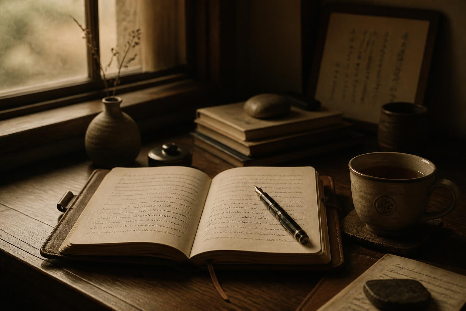 A writing desk with notebook, fountain pen and tea
