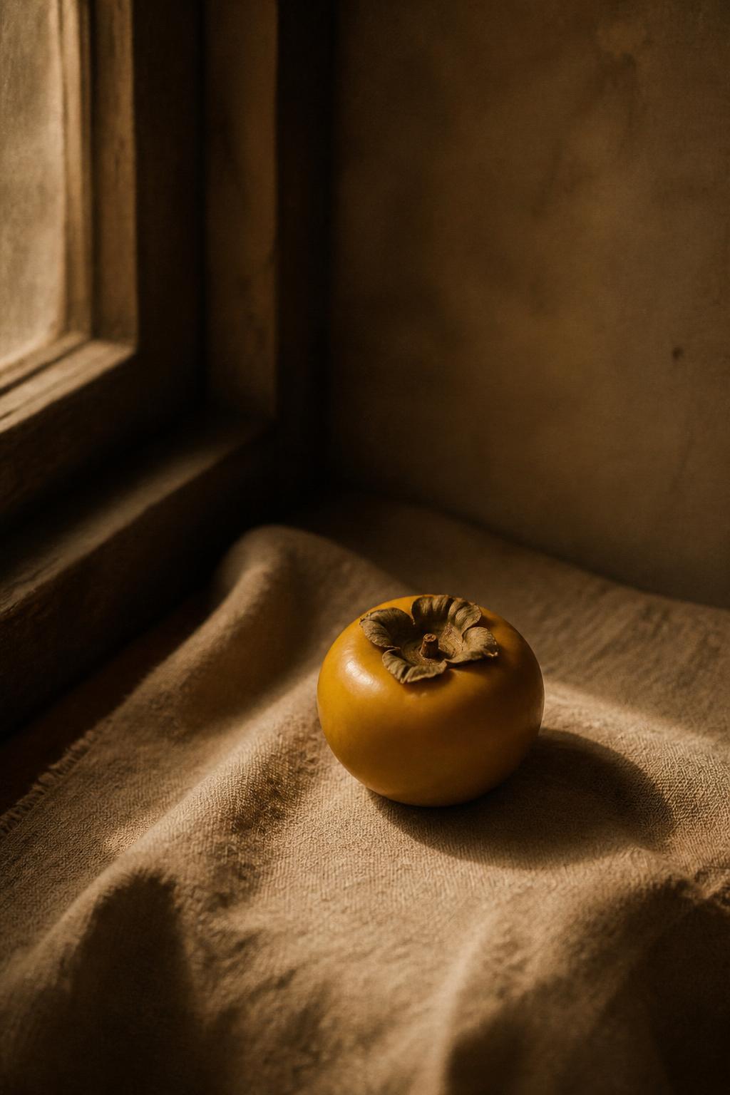 A single persimmon resting in afternoon light